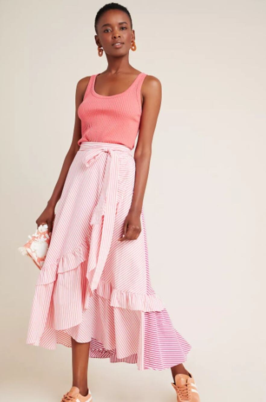 Maeve Skirt XS Penny Ruffled Midi Skirt Pink Stripe Wrap Asymmetrical Layered